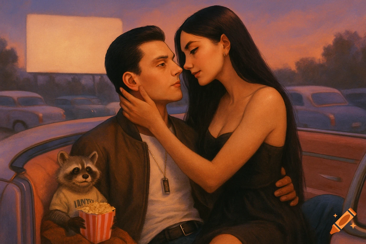 Painterly illustration of a couple with a raccoon in a vintage car at a drive-in movie theater.