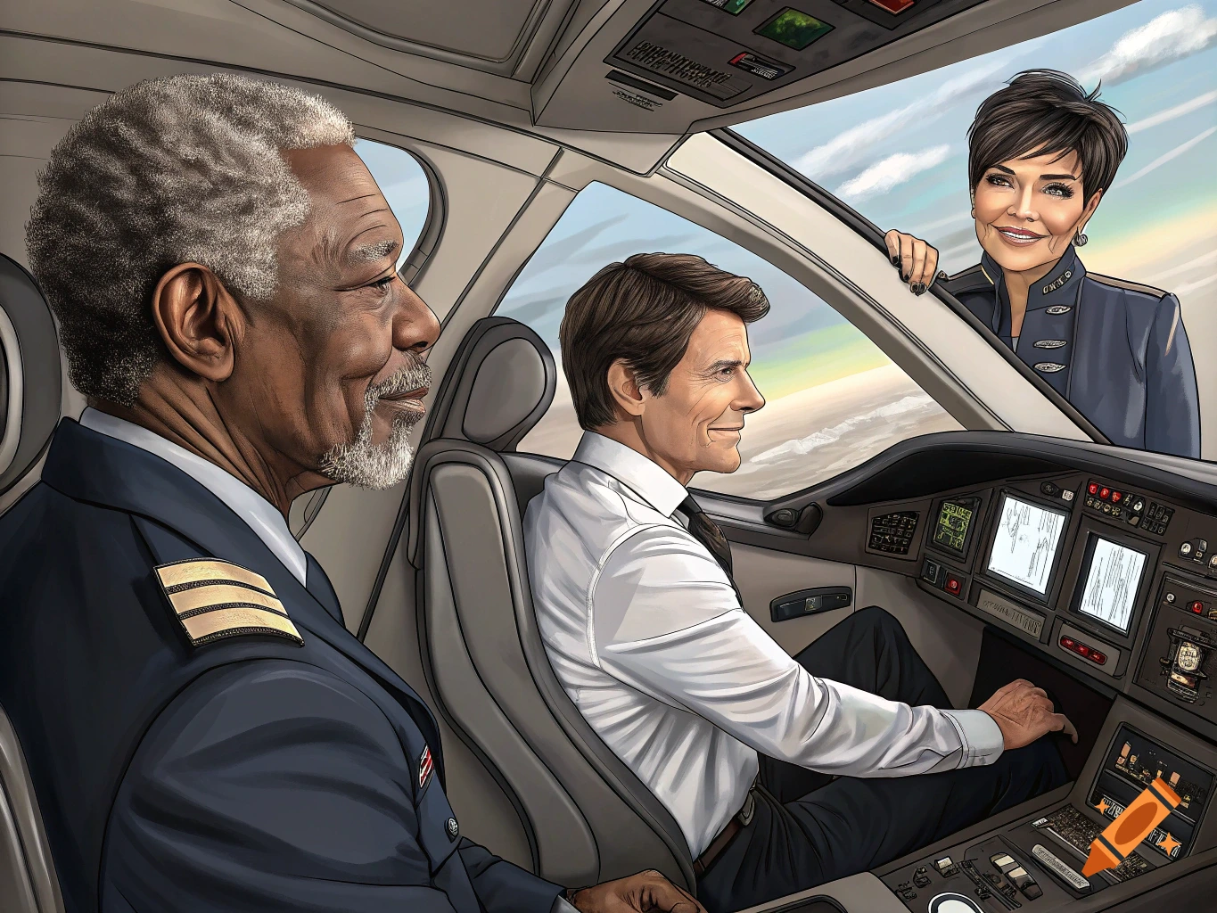 Illustrated image of Morgan Freeman and Tom Cruise as pilots in a jet cockpit, with Kris Jenner looking in from a window.