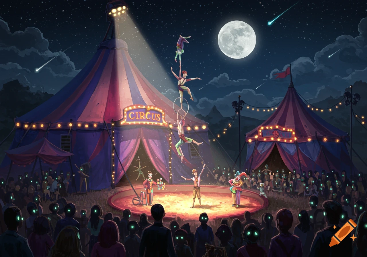 A night circus show with acrobats performing under a full moon.