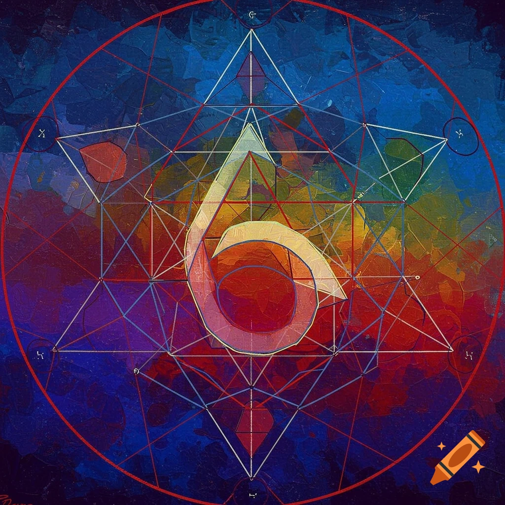 Geometric symbol with a spiral shape resembling the number 6 over a painterly background with rainbow colors.