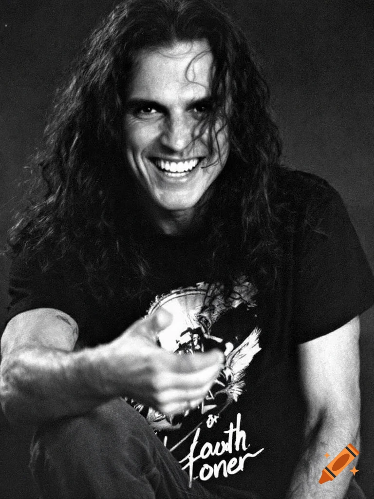 Black and white portrait of a man with long hair smiling, wearing a t-shirt, and pointing.