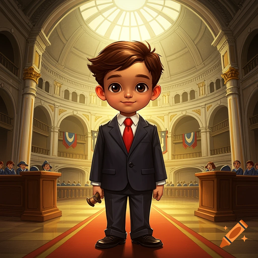 Cartoon illustration of a young boy in a suit holding a gavel in a large government building.