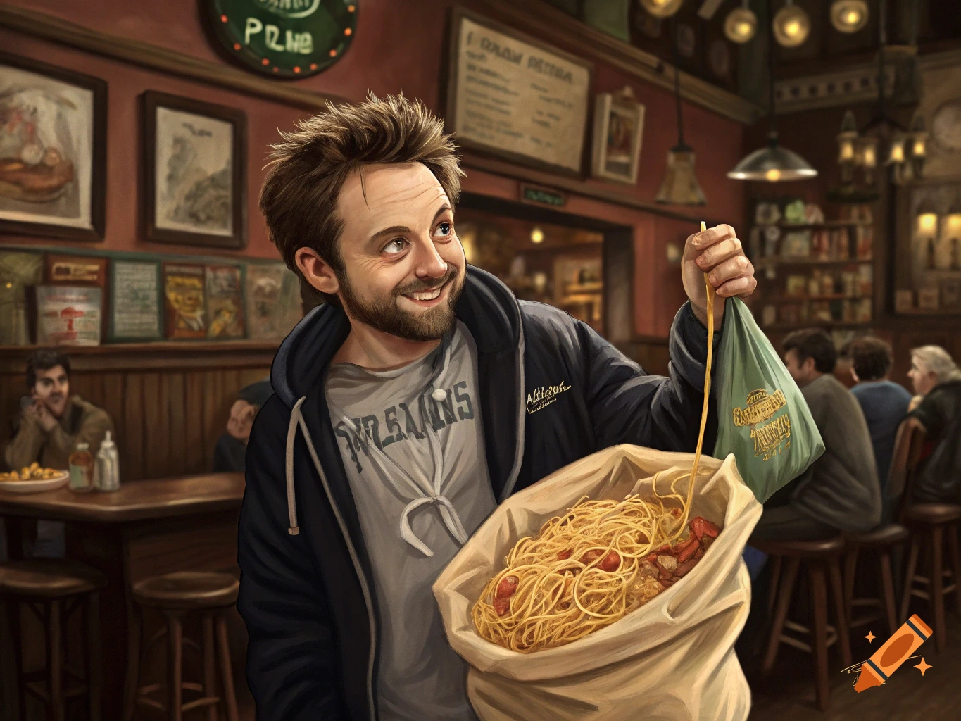 Painted portrait of Charlie Kelly holding a large bag of spaghetti in a bar.