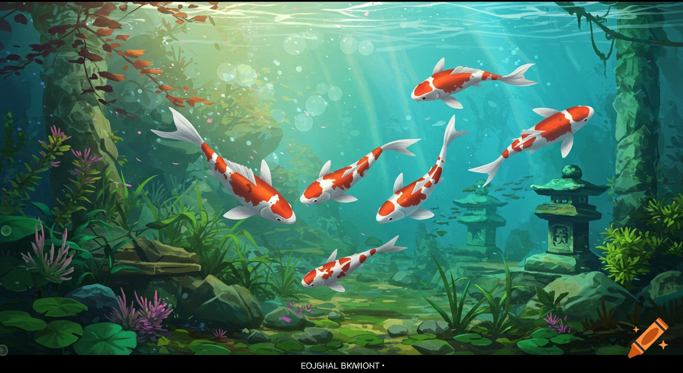 Illustration of red and white koi fish swimming in a bright underwater scene with plants and stone lanterns.