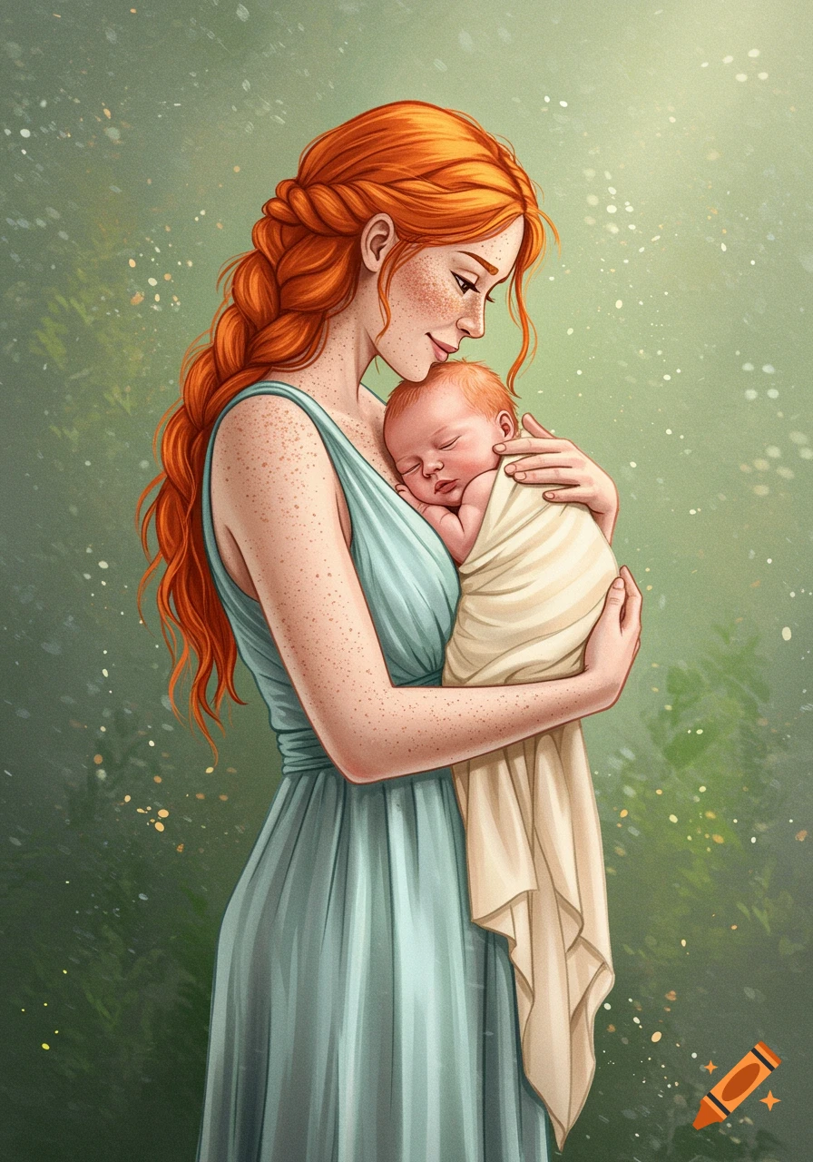 Illustration of a ginger woman cradling a sleeping baby.