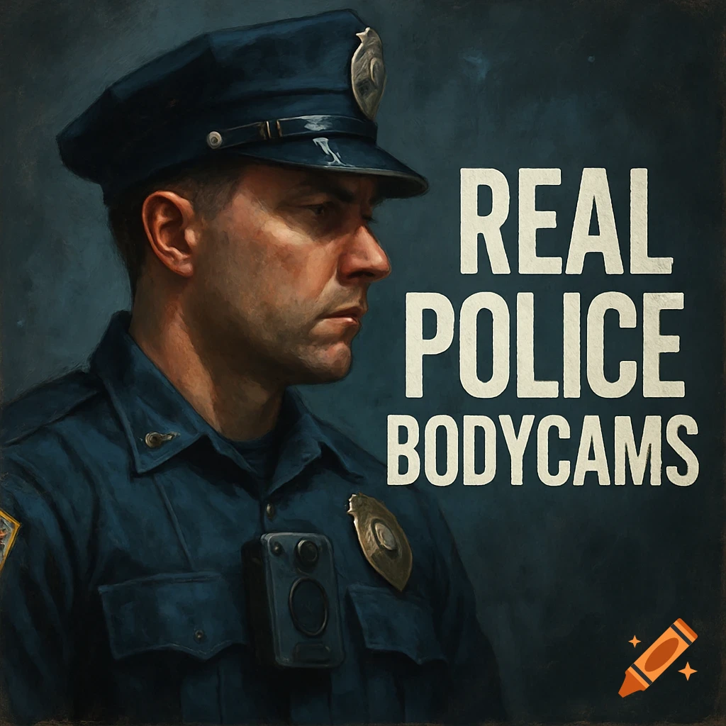 Portrait of a police officer in uniform with a bodycam and text overlay 'REAL POLICE BODYCAMS'.
