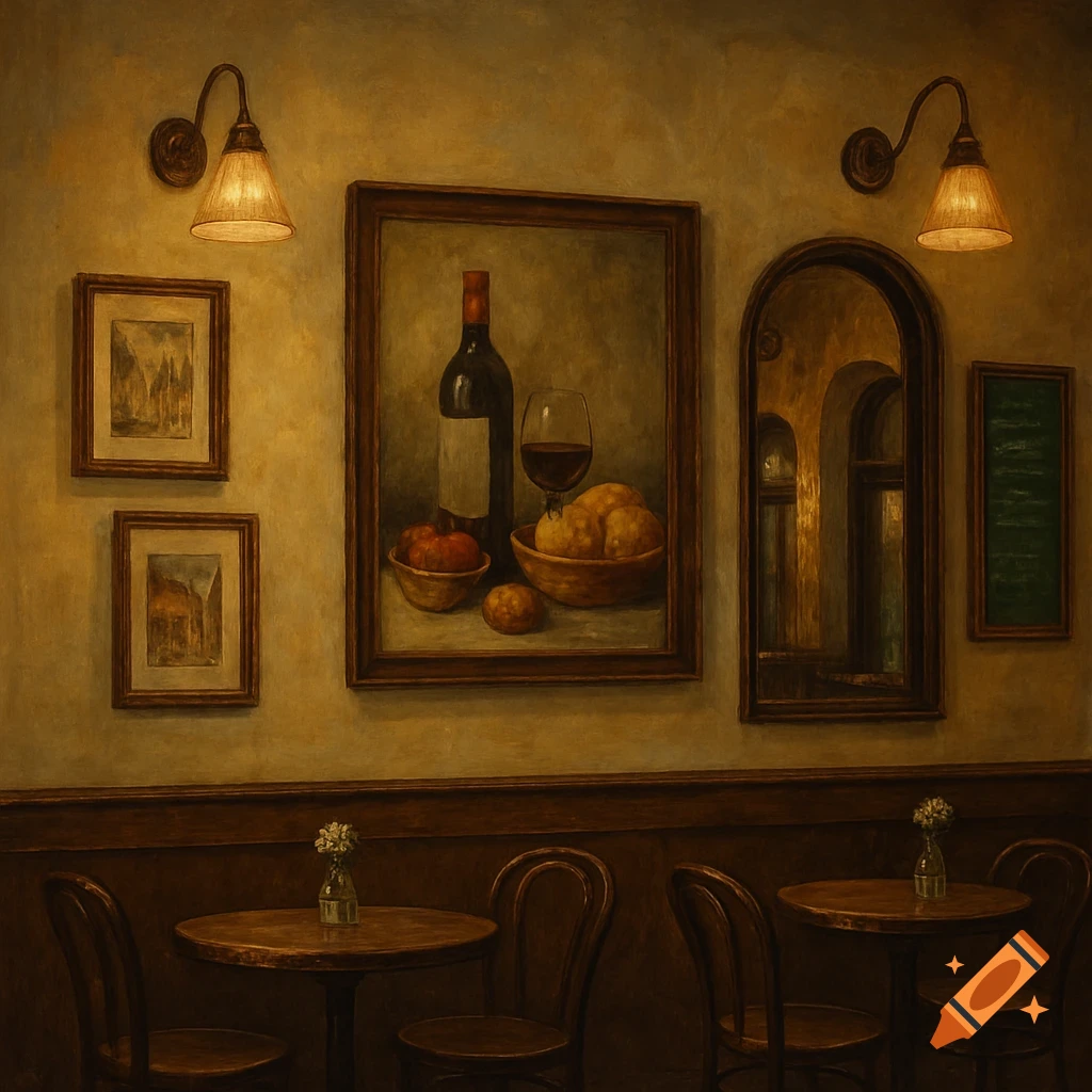 Painting of a cafe interior with a still life on the wall and tables.