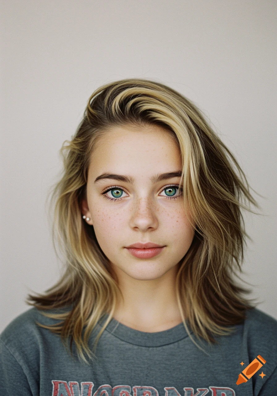 Close-up portrait of a teenage girl with green eyes and blonde hair and ...
