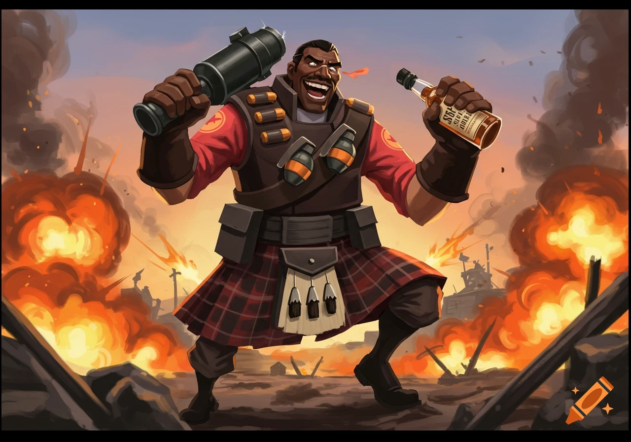 Team Fortress 2 Demoman celebrates on a battlefield with a bottle and weapon, stylized digital art.