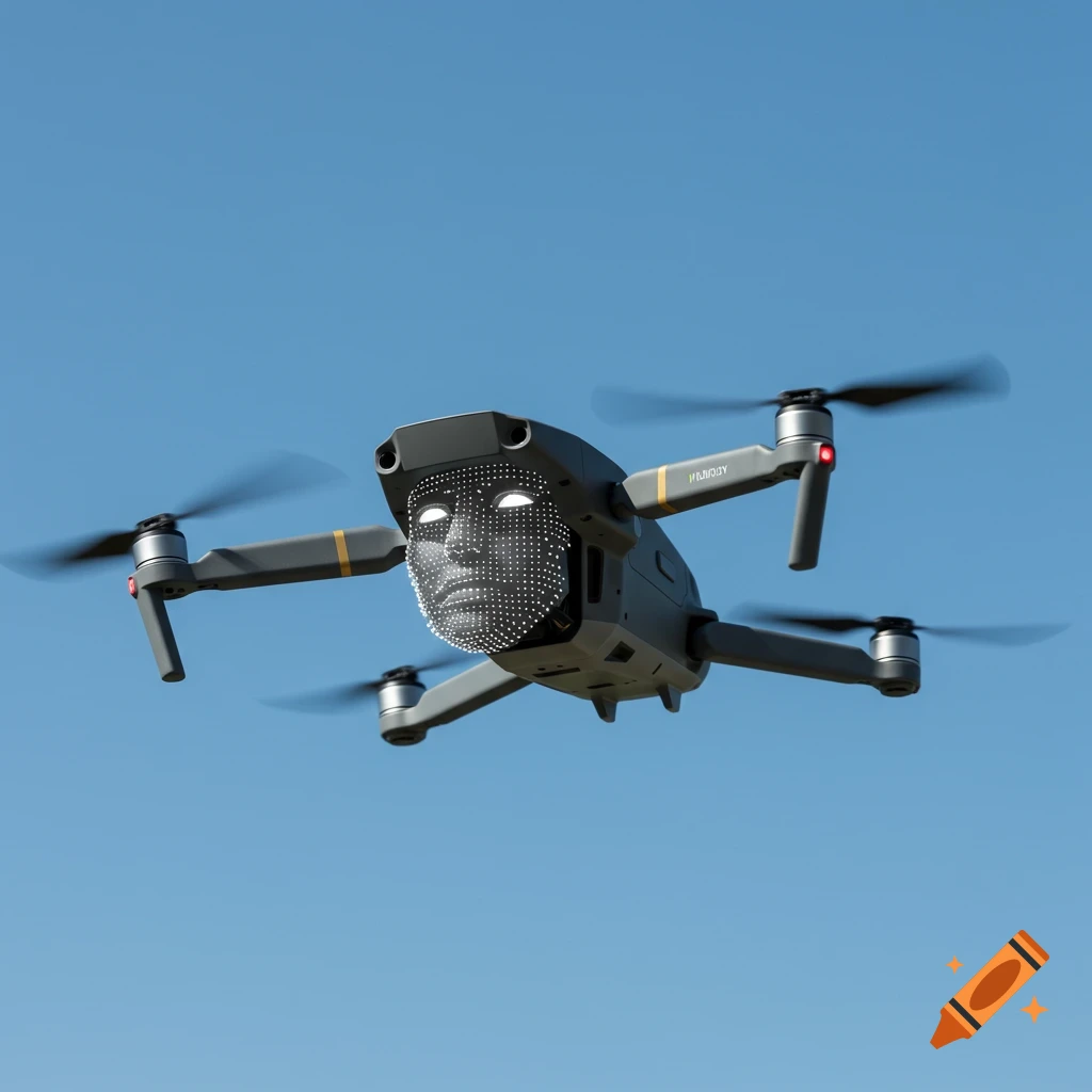 A drone with a digital wireframe face flying in a clear blue sky.
