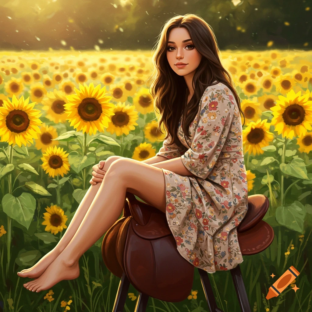 A young woman sits on a saddle stool in a sunny field of sunflowers