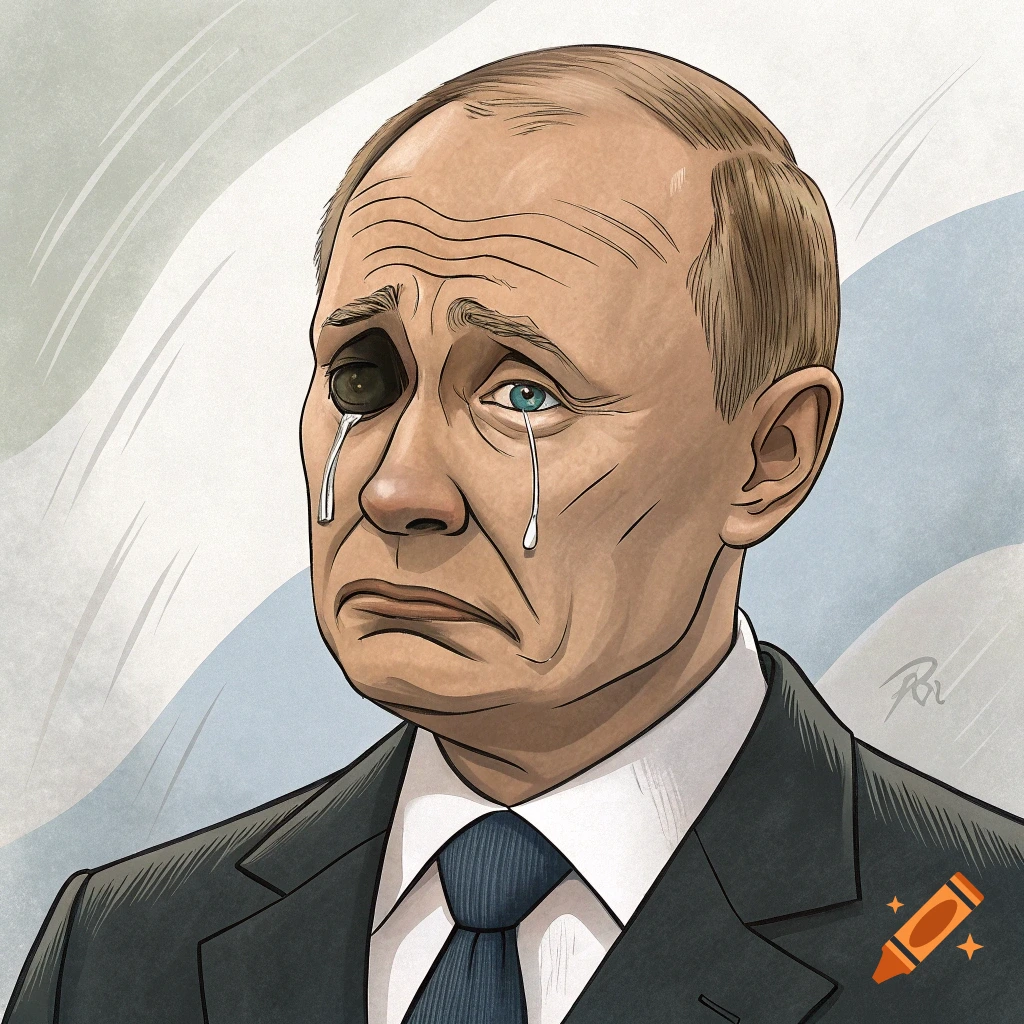 Cartoon illustration of Vladimir Putin with a black eye, shedding tears.