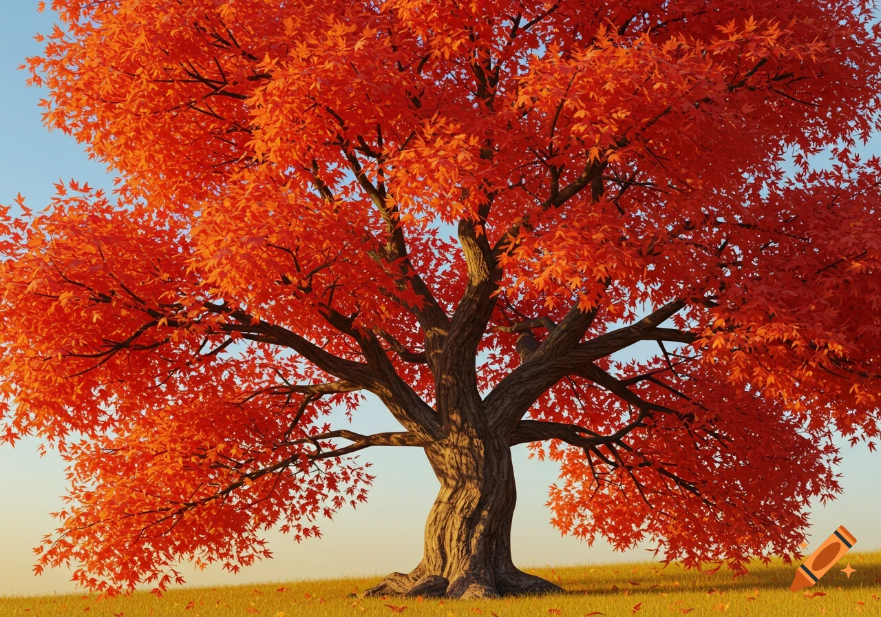 A large tree with bright orange leaves in autumn against a blue sky.