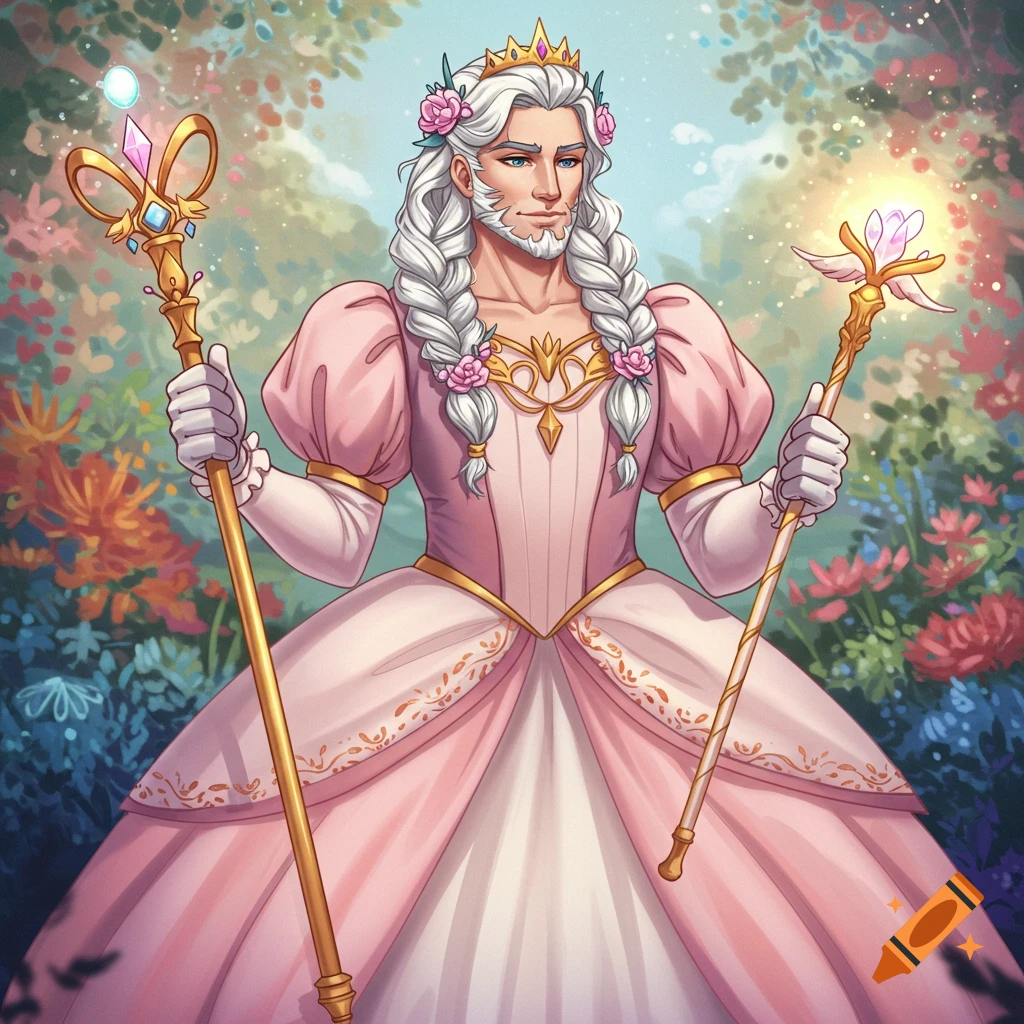 Muscular man with long white hair and beard wearing a pink princess dress and crown, holding staffs in a garden, anime style.