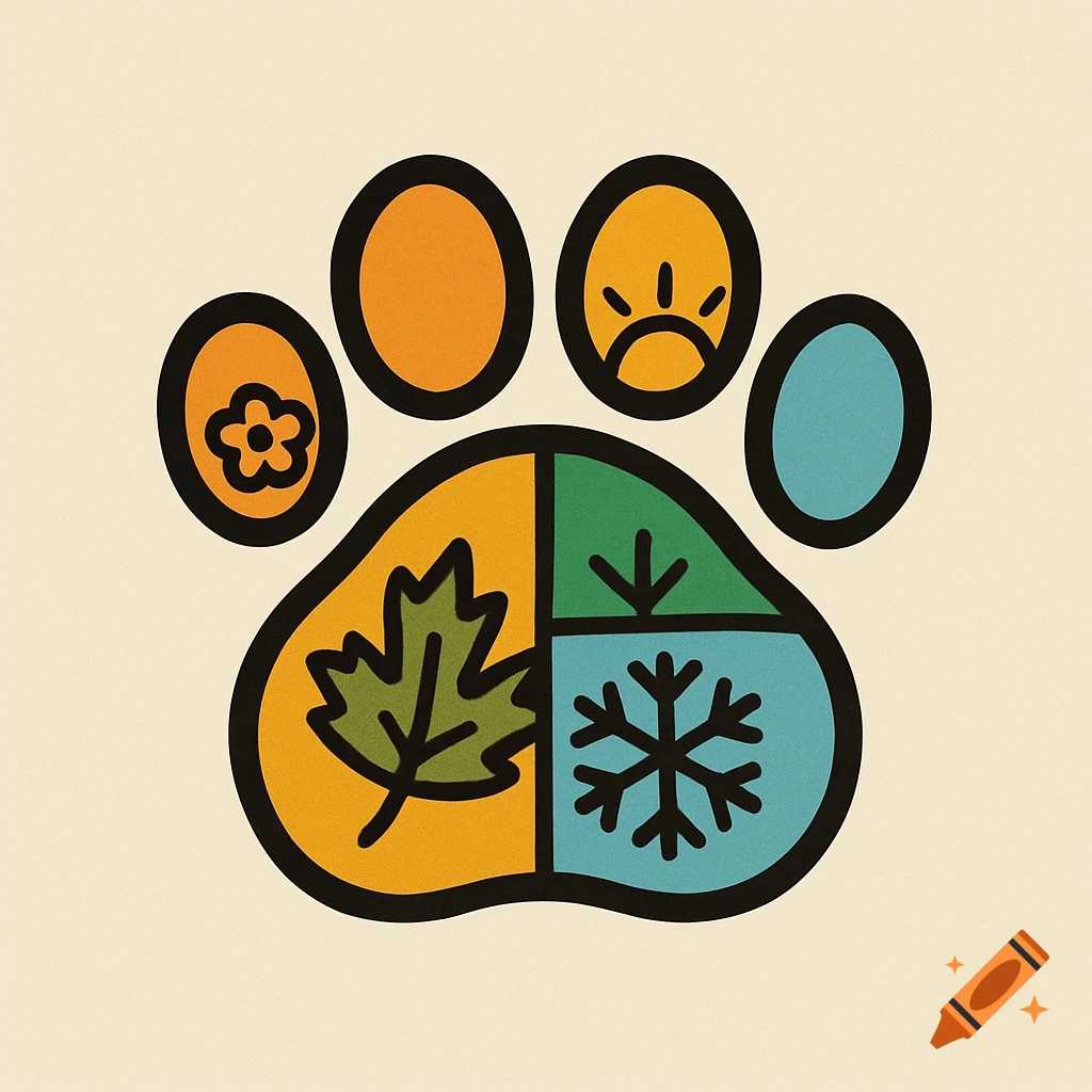 Logo of a paw print showing symbols for spring, summer, autumn, and winter.