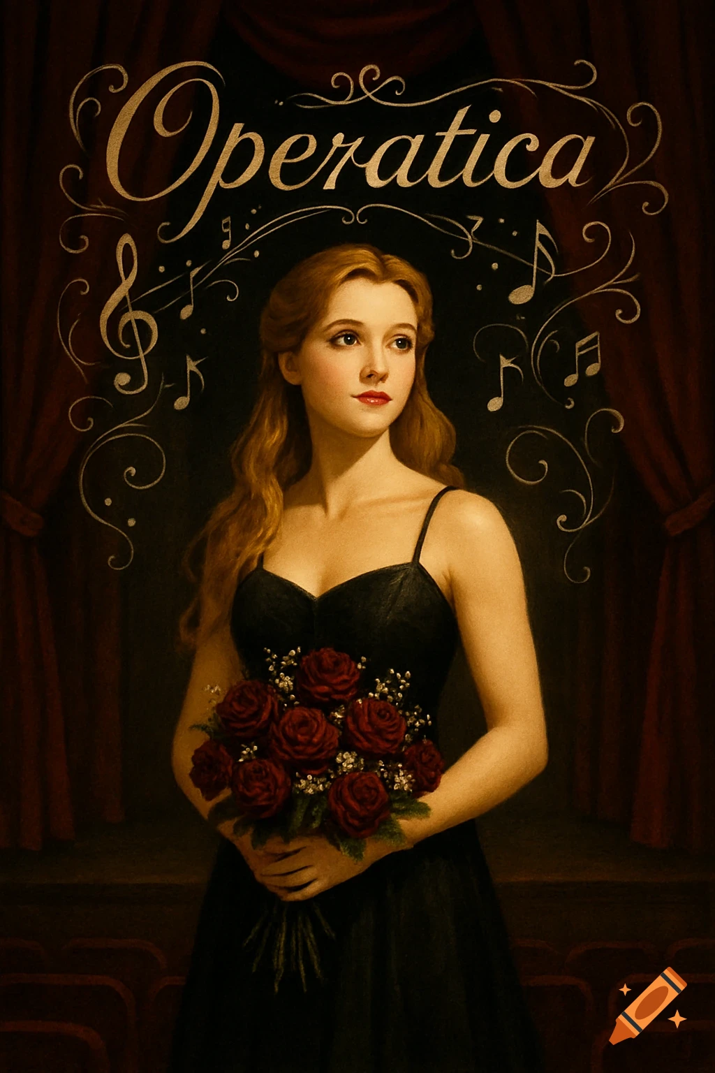 Portrait of woman on stage with roses, 'Operatica' text, and music notes.
