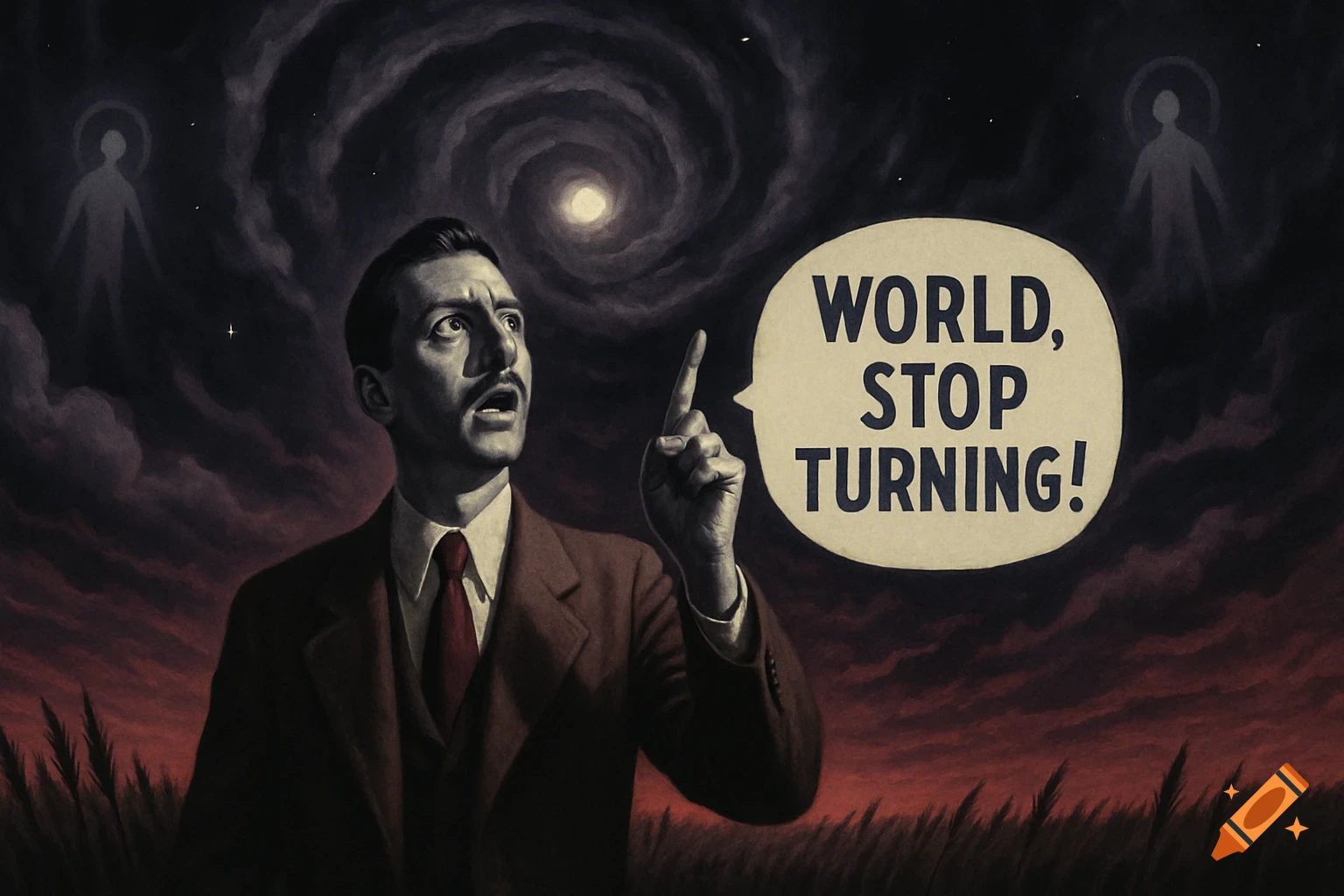 A man in a suit points up at a cosmic sky with ghostly figures; a speech bubble says 'WORLD, STOP TURNING!'. Illustration in a vintage style.