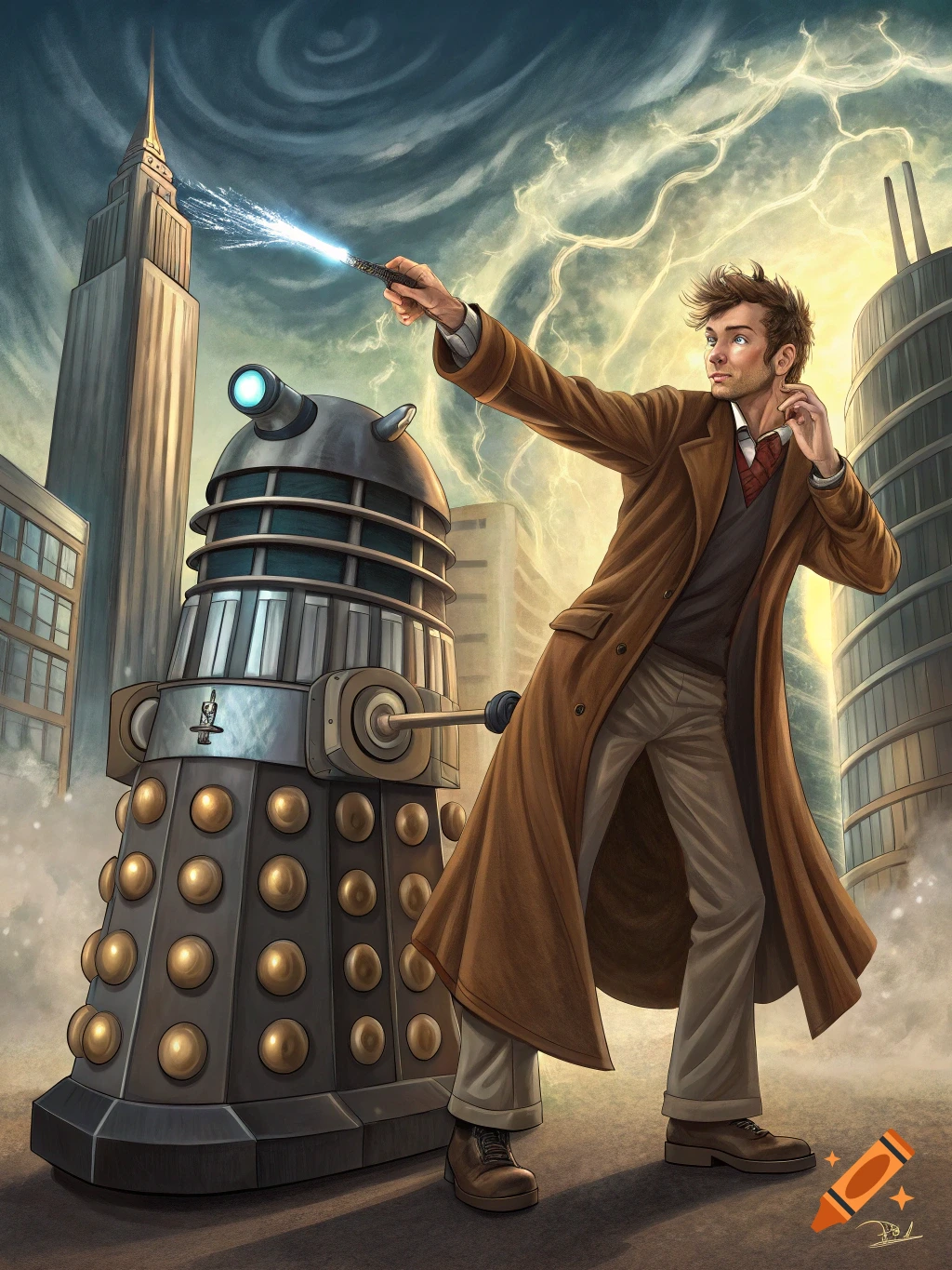 Illustration of David Tennant's Doctor holding a sonic screwdriver next to a Dalek in a stormy city.