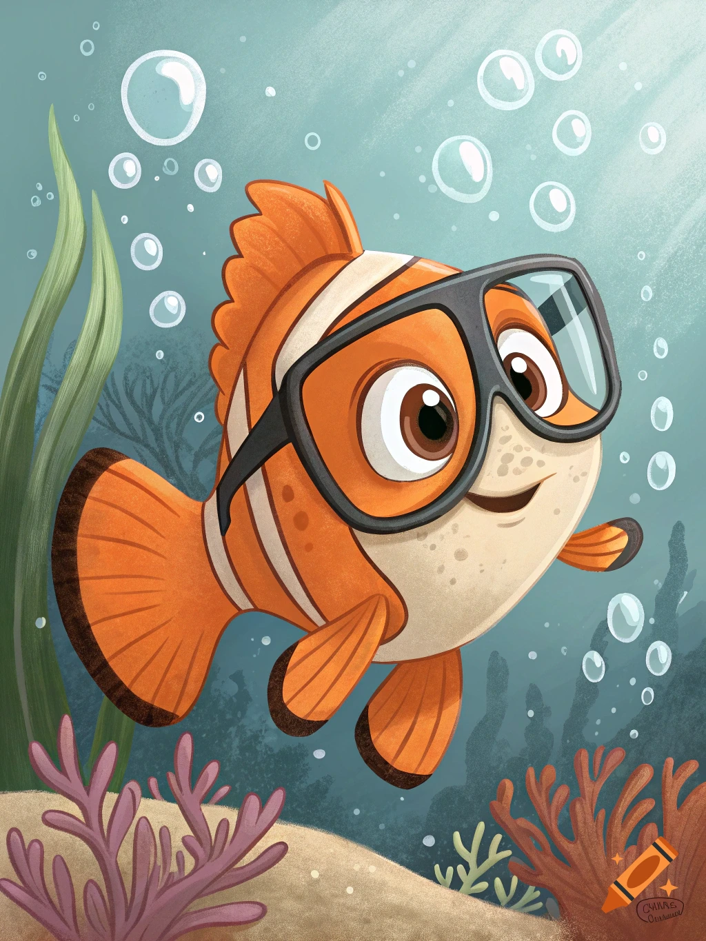 A cartoon clownfish wearing black glasses swims underwater