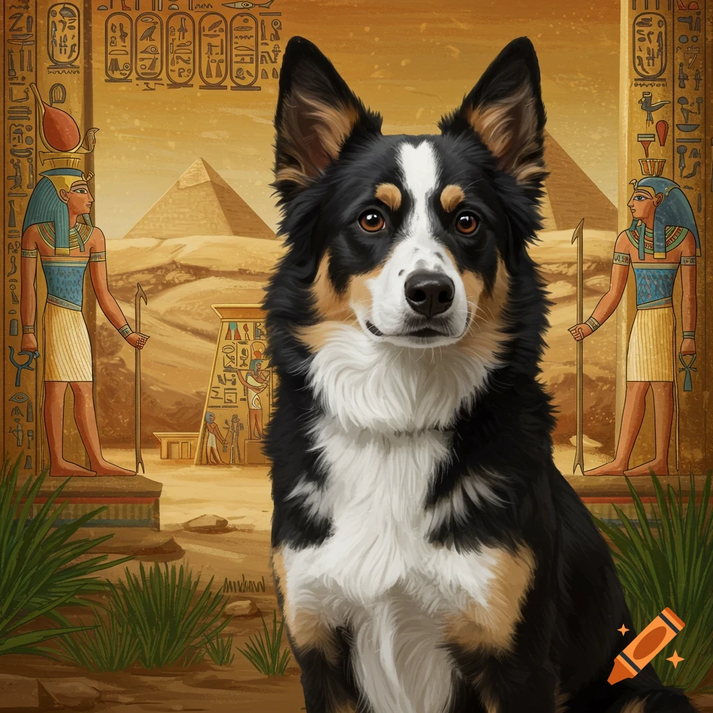 A tricolored dog sits in front of an ancient Egyptian background with pyramids and hieroglyphs.
