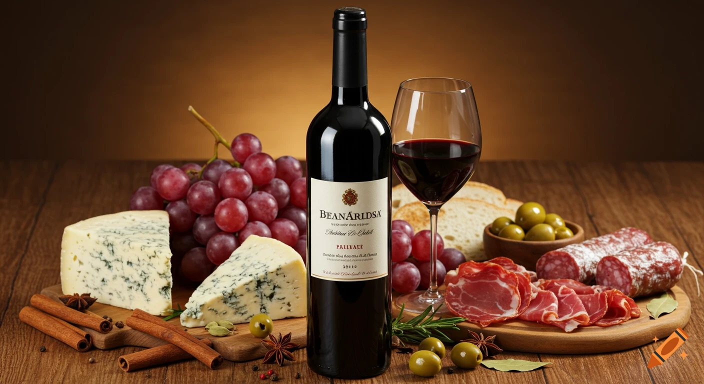 Still life of a wine bottle, glass, cheese, grapes, and charcuterie on a wooden table.