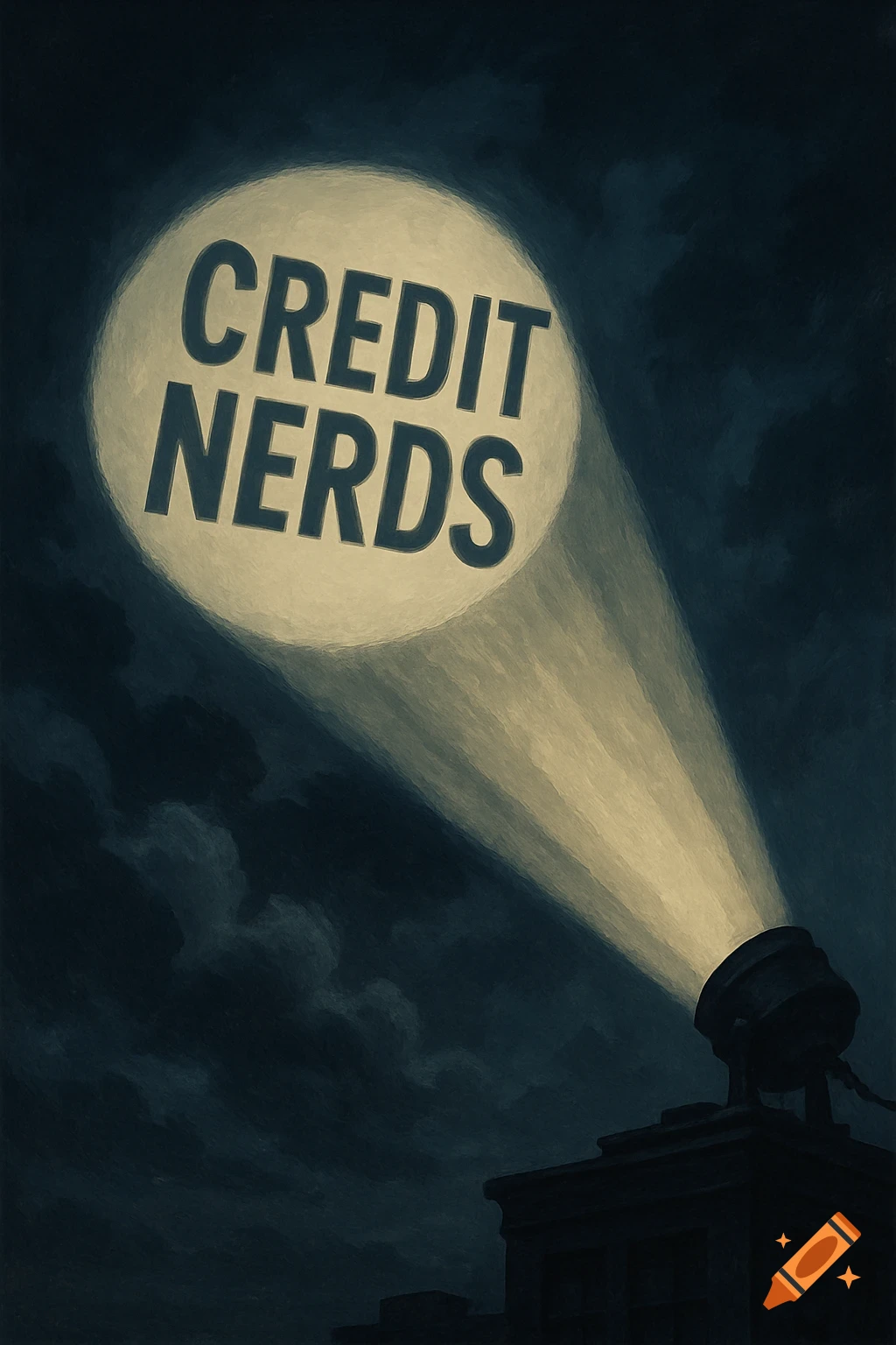 Spotlight shines 'Credit Nerds' onto a dark, cloudy night sky in a painted style.