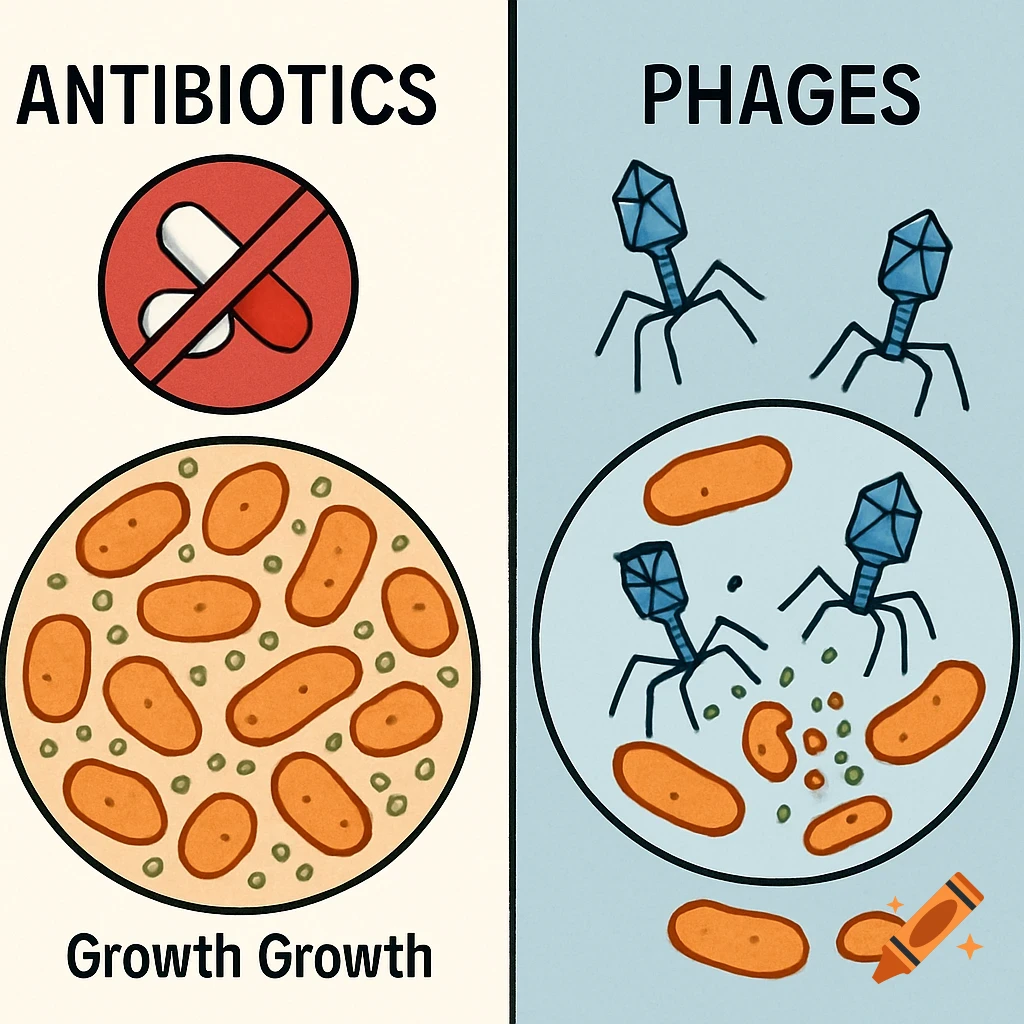 Illustration comparing antibiotics and phages, showing bacterial growth with antibiotics and phages destroying bacteria.