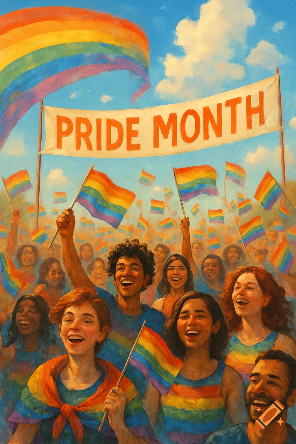 Joyful crowd celebrating Pride Month, waving rainbow flags under a banner that reads PRIDE MONTH. Painted style.