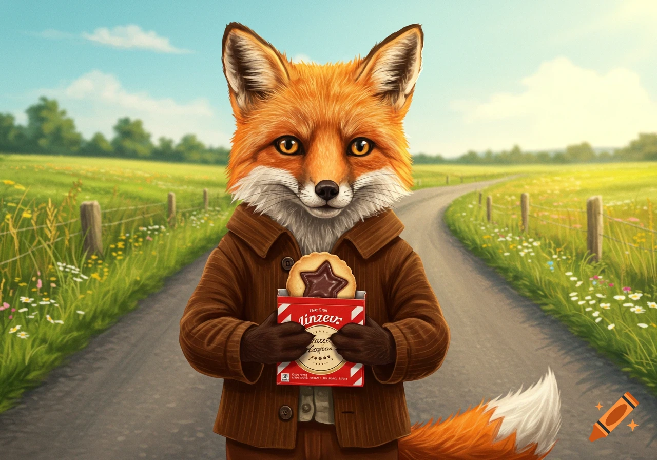 An anthropomorphic fox in a brown jacket holds a box of cookies while standing on a road in the countryside.
