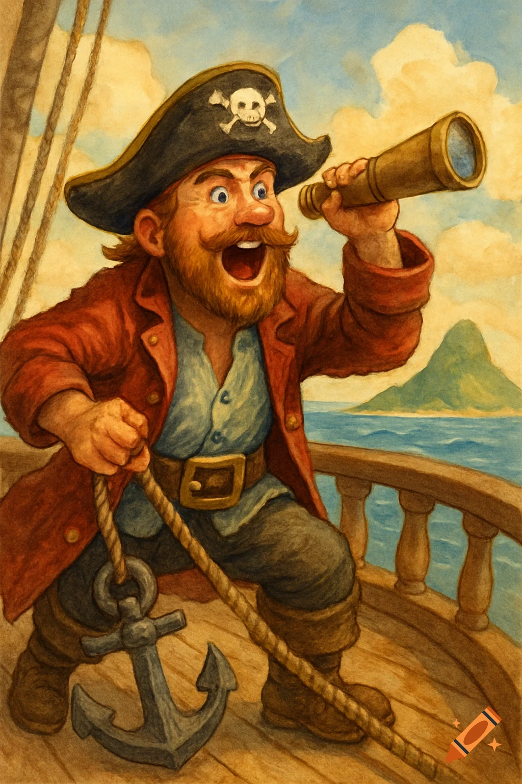 Cartoon pirate on a ship looking through a spyglass at an island, watercolor illustration.