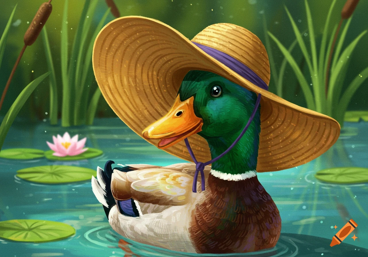 An illustration of a mallard duck wearing a straw hat floating in a pond with lily pads and reeds.