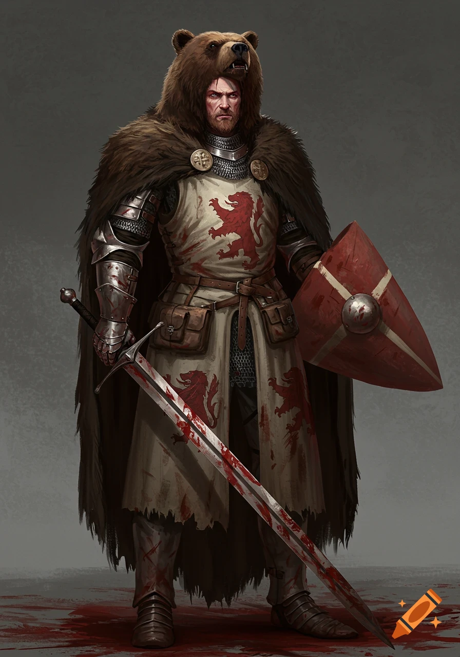 Fantasy knight with bear cloak, bloody sword, and shield, wearing armor and a surcoat.