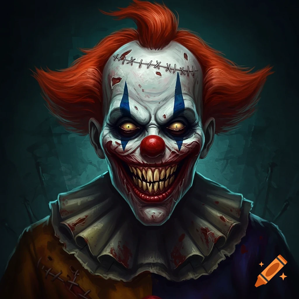 Close-up portrait of a scary zombie clown with stitches on its head, sharp teeth, and bloodstains.