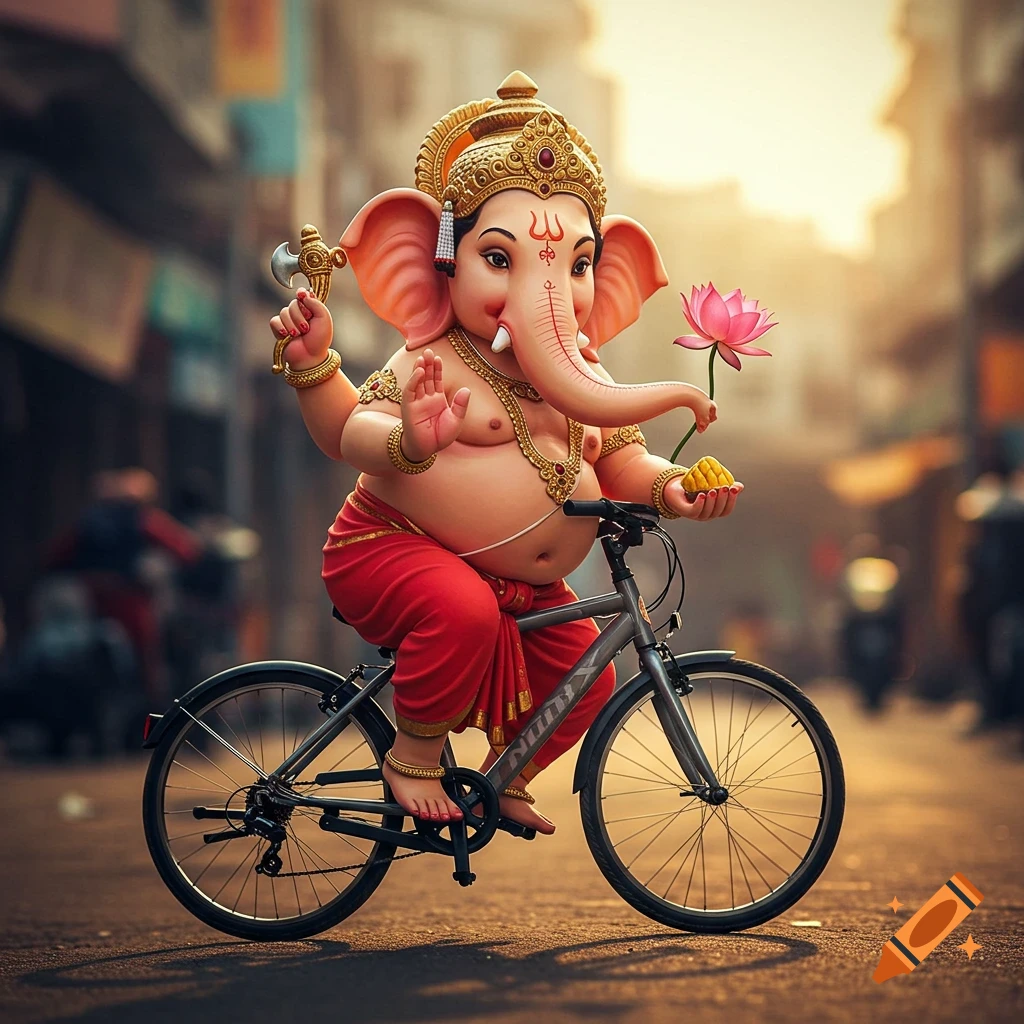 Lord Ganesha rides a bicycle on a street, holding a lotus and modak.