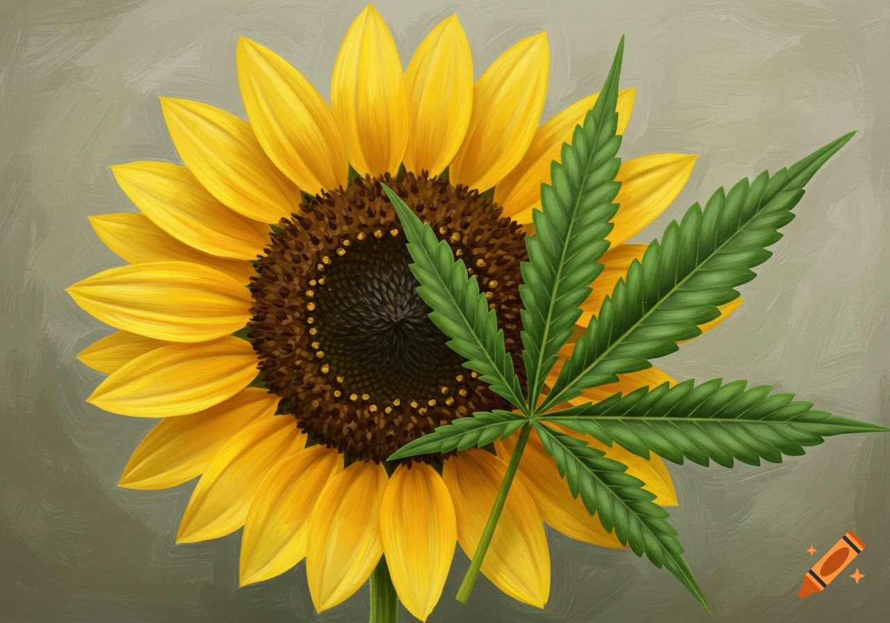 Digital painting of a sunflower with a green marijuana leaf overlapping it.