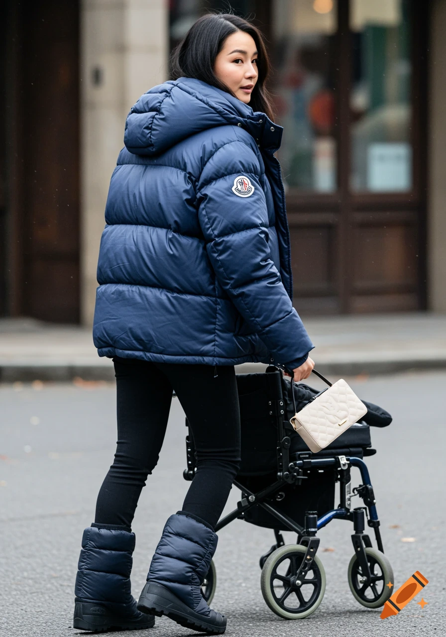 Woman in blue puffer coat and boots pushing a wheelchair on a street