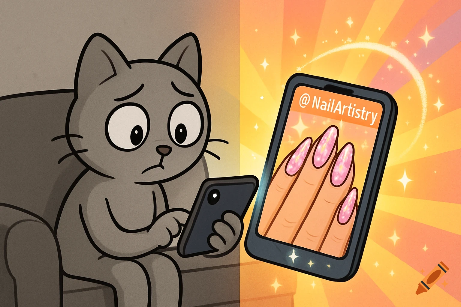 A sad cartoon cat looks at a phone displaying sparkling pink and gold nails with '@ NailArtistry' on the screen. The right side of the scene glows.
