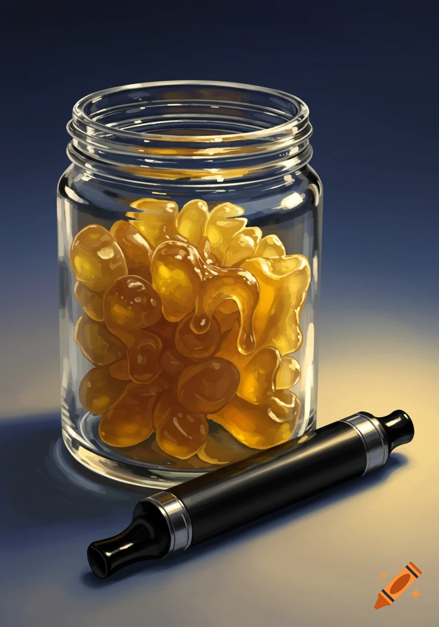 Glass jar filled with golden cannabis concentrate next to a black vape pen
