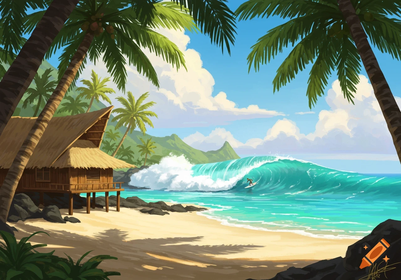 Stylized illustration of a tropical beach with a thatched house, palm trees, a large surfing wave, and a surfer.