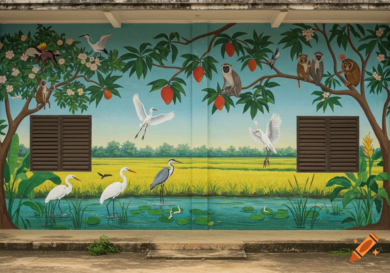 Colorful wall mural depicting monkeys, birds, egrets, trees with fruit, a rice field, and water with lily pads.