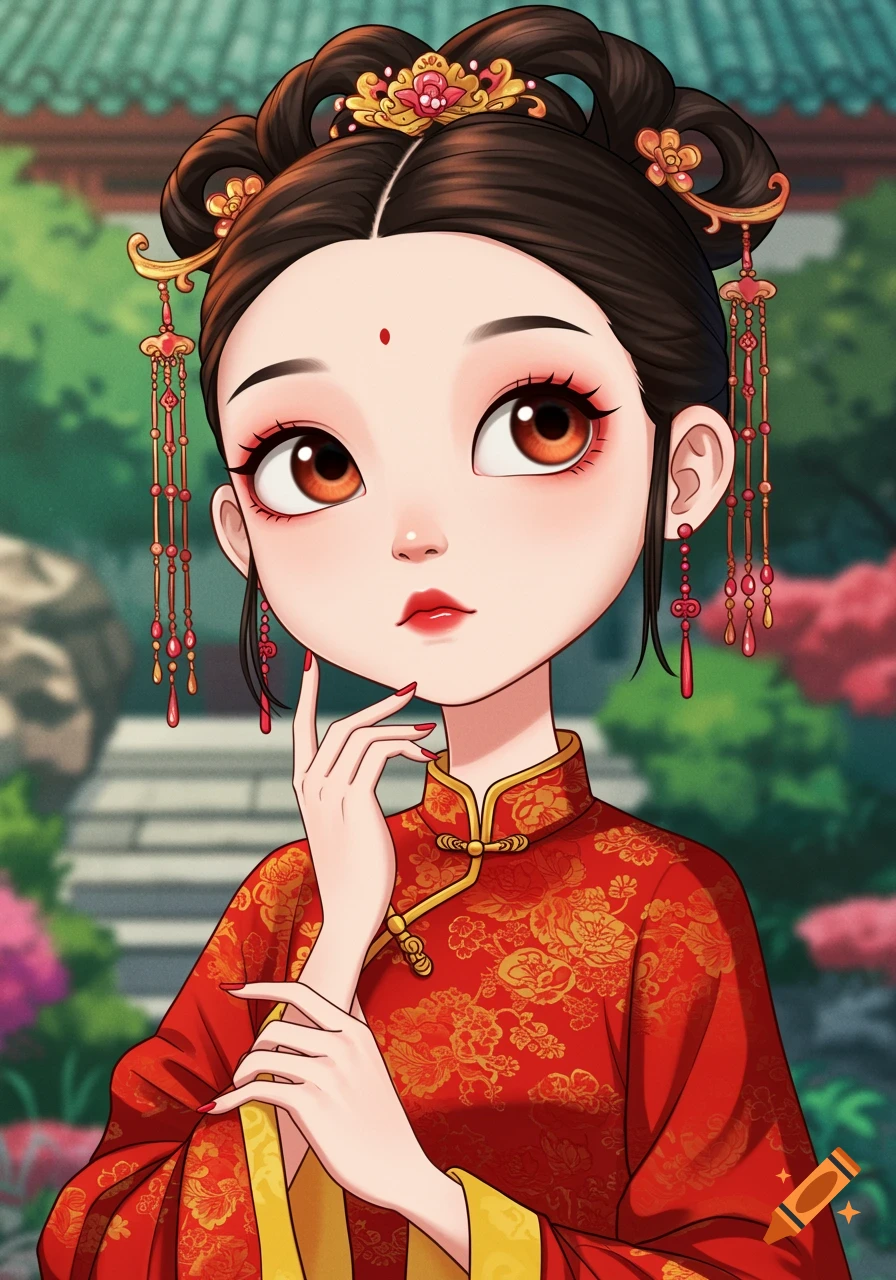 Cartoon portrait of a young woman in traditional red and gold Chinese clothing with elaborate hair and jewelry.