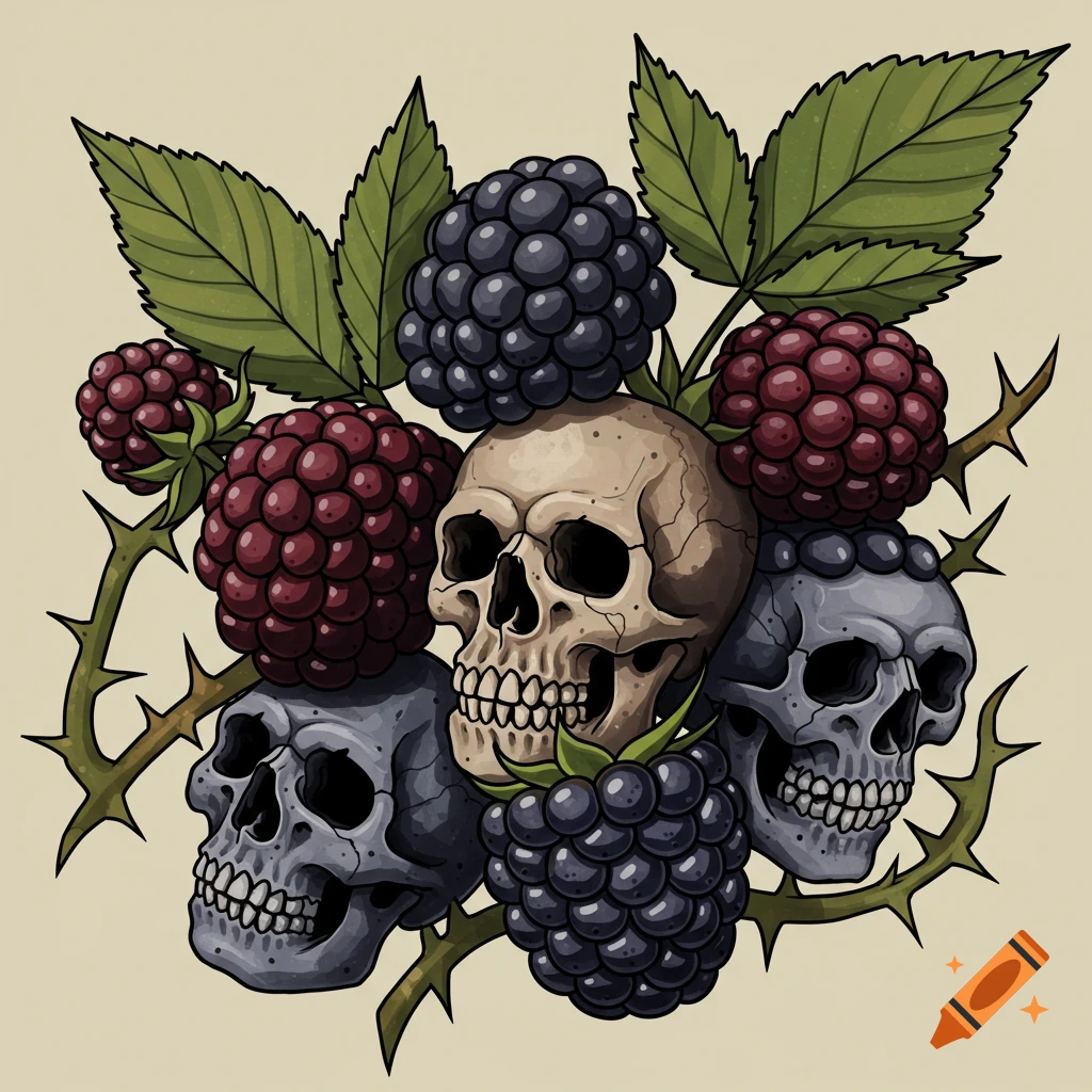 Skulls and blackberries arranged in an American traditional tattoo style.