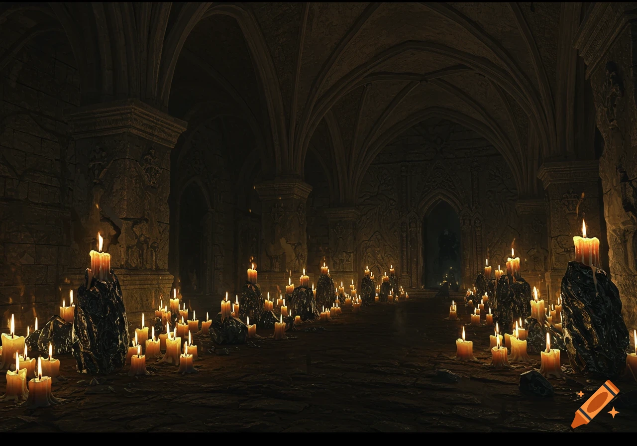 A dark underground tomb or dungeon illuminated by many burning candles.