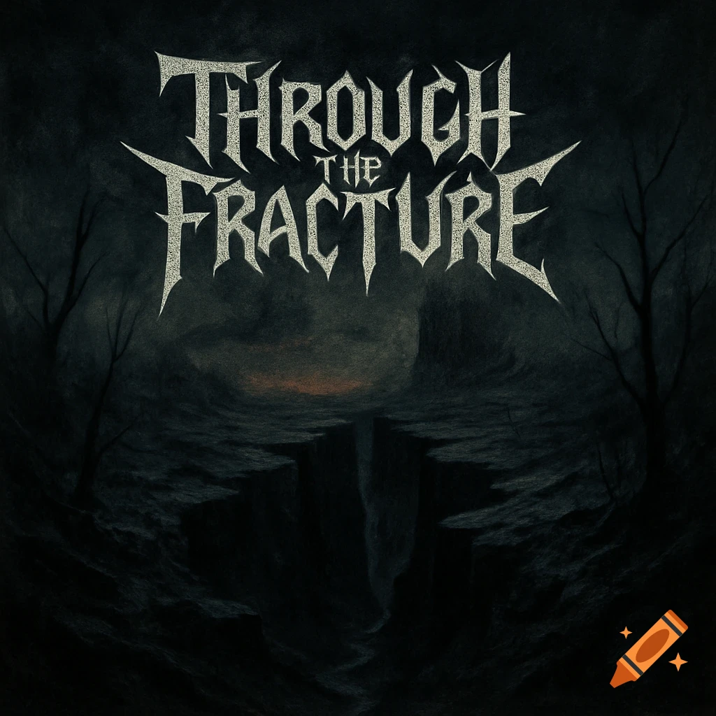 Dark, atmospheric landscape with a deep fracture in the ground and the band logo "Through the Fracture" above.
