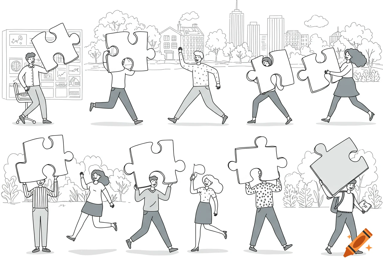 Line drawing of diverse people holding puzzle pieces, some connecting them, in office and outdoor scenes.