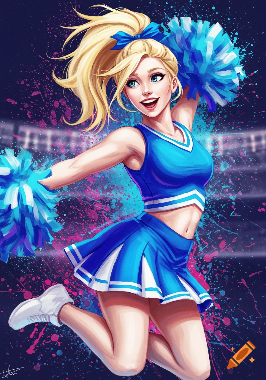 Blonde cheerleader in blue uniform jumping with pom-poms in a vibrant illustration.