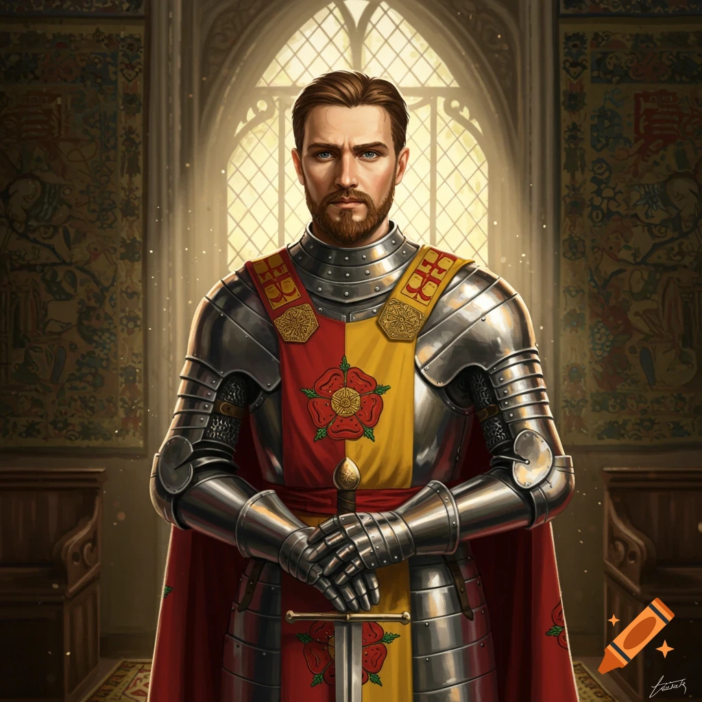 Portrait of a knight in full plate armor and tabbard holding a sword in a hall.