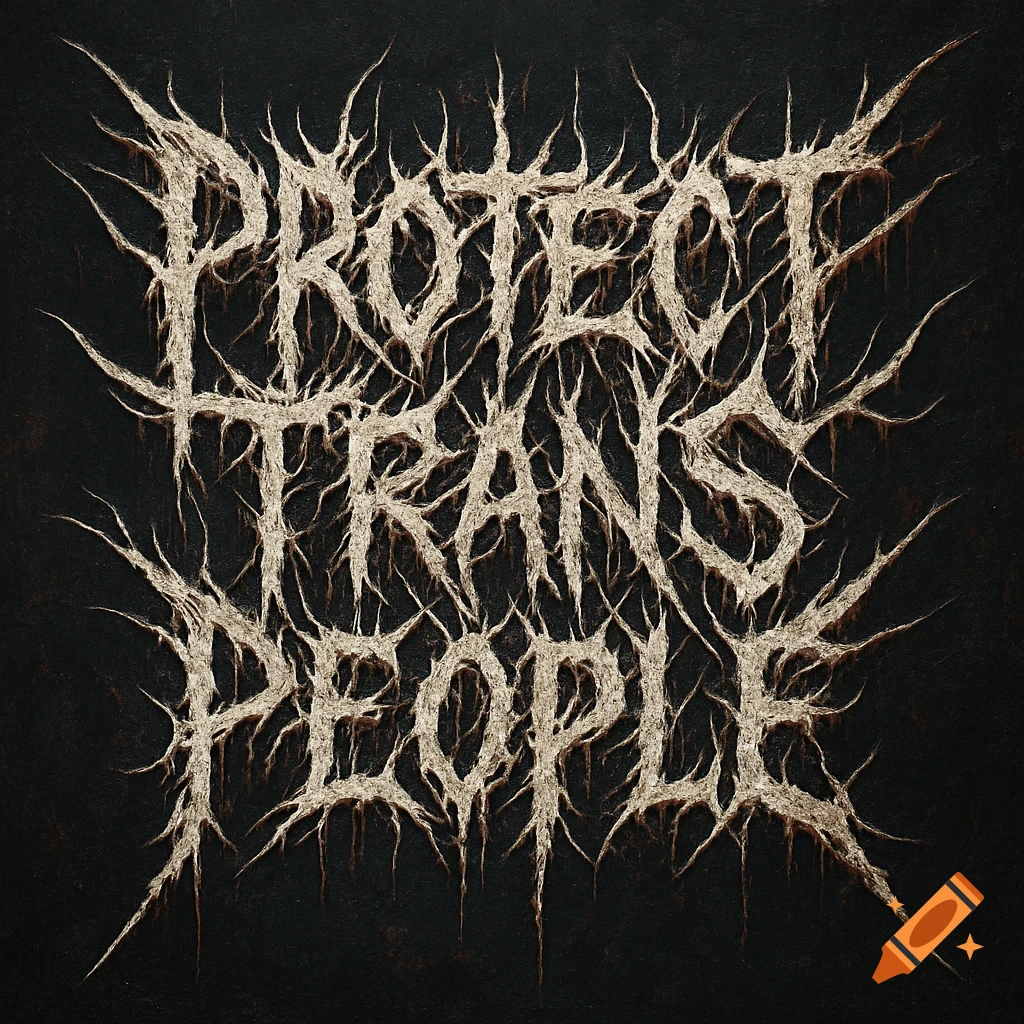PROTECT TRANS PEOPLE text rendered as a jagged, spiky death metal band logo on a dark background.