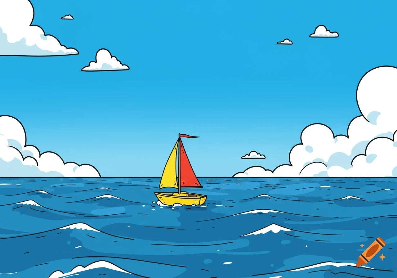 Comic illustration of a yellow sailboat on the ocean under a blue sky.