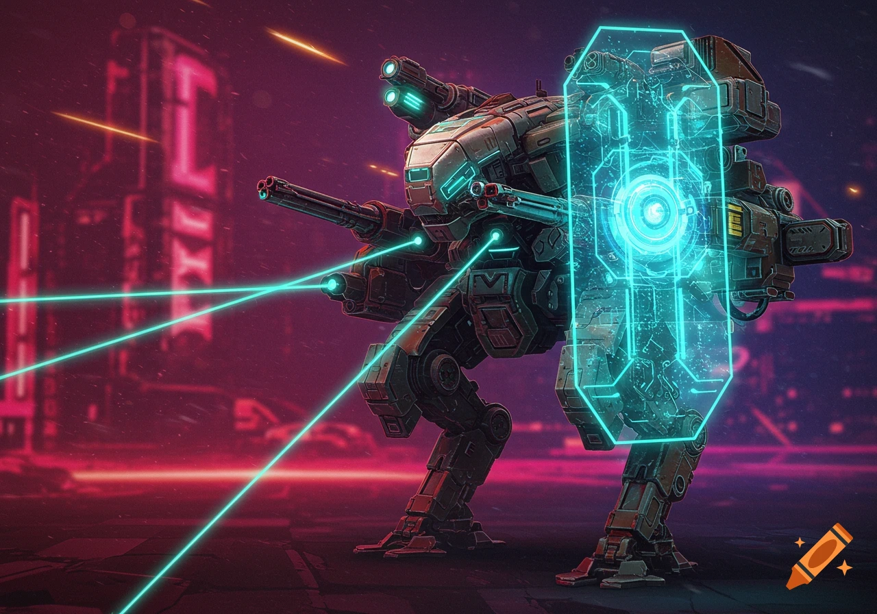 A high-tech mech with a glowing blue energy shield and firing lasers stands in a cyberpunk city street at night.